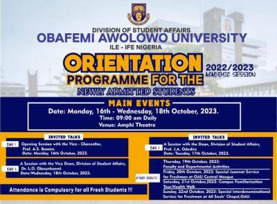 OAU orientation programme for newly admitted students, 2022/2023
