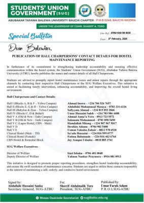 ATBU SUG notice to students on appointment of Chairpersons' for hostel maintenance issues