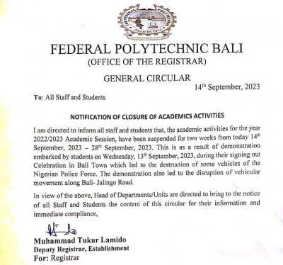 Fed Poly Bali notice on closure of academic activities, 2022/2023