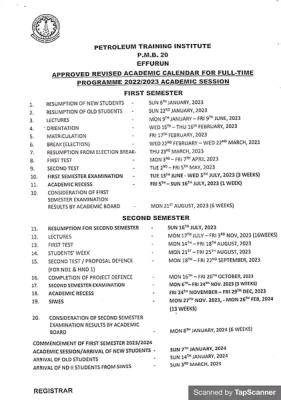 PTI Efferun second semester academic calendar, 2022/2023 session