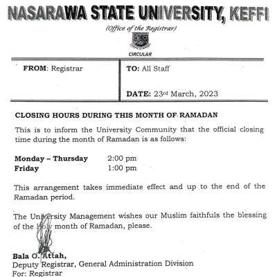 NSUK notice on closing hours during Ramadan Period