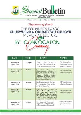 COOU schedule of events for 16th Convocation and Founder's Day Events