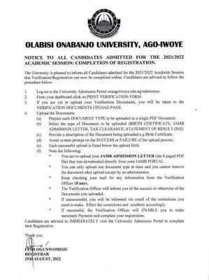 OOU notice to newly admitted students, 2021/2022