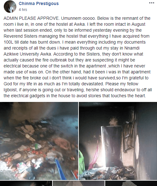 UNIZIK Student Loses All Her Belongings To Fire Outbreak