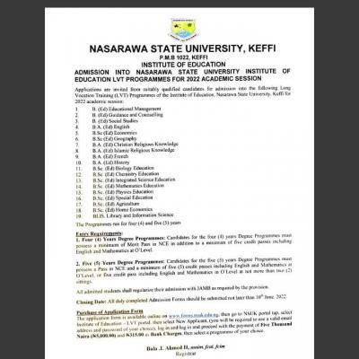 NSUK Institute of Education admission form, 2022