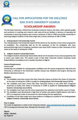 Edo State University, Uzairue scholarship awards, 2021/2022