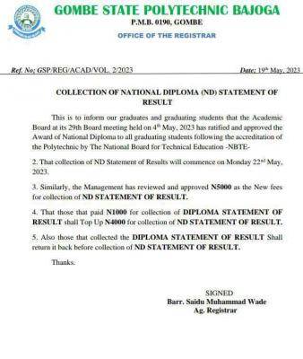 Gombe State Poly notice on collection of ND Statement of Results