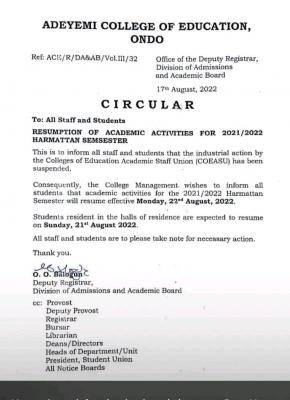 ACEONDO notice on resumption of academic activities, 2021/2022