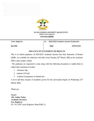 SAZU notice to graduating students, 2024/2025 session