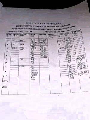 OSPOLY Daily Part-time Programme 1st semester exam timetable, 2019/2020