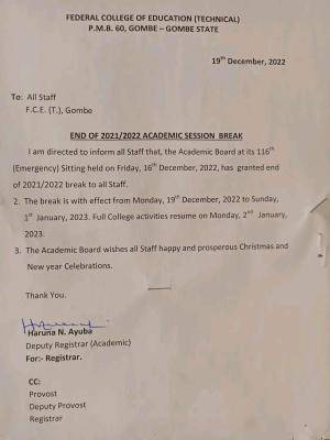 FCE (Technical) Gombe notice on end of 2021/2022 academic session break