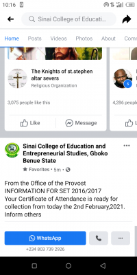 Sinai College of Education Notice to 2016/2017 set of Students