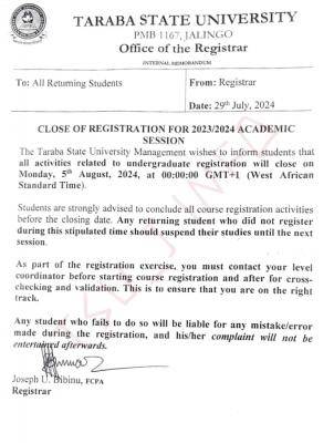 TASU issues notice to students on close of registration exercise, 2023/2024
