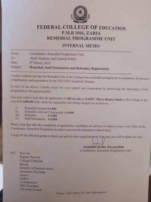 FCE Zaria notice on remedial registration