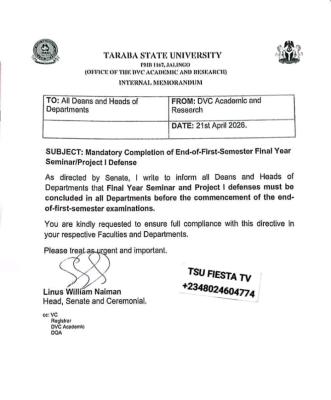 TASU notice on completion of Final Year Seminar/Project Defenses before 1st semester exams