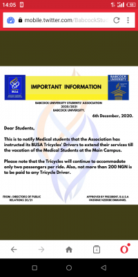 Babcock University notice to students on BUSA tricycles