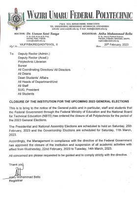 Waziri Umaru Fed Poly. announces closure for upcoming 2023 general elections