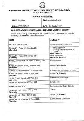 CUSTECH releases academic calendar for 2024/2025 session