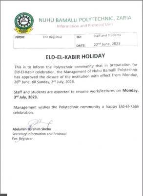 Nuhu Bamalli Polytechnic notice on commencement of Sallah break