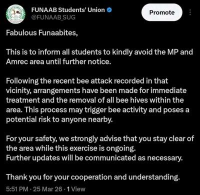 FUNAAB SUG notice to students on Bee attack on Campus