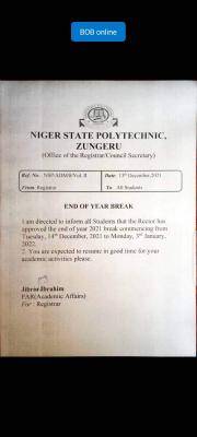 Niger State Polytechnic notice on end of year break