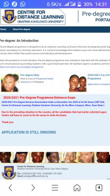 OAU Pre-degree entrance exam date for 2020/2021 session