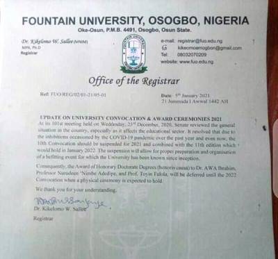 Fountain University notice on suspension of convocation ceremony for 2021