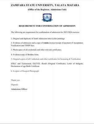 ZAMSU notice on requirements for confirmation of admission, 2023/2024