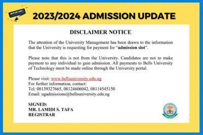 Bells university disclaimer notice on 2023/2024 admission
