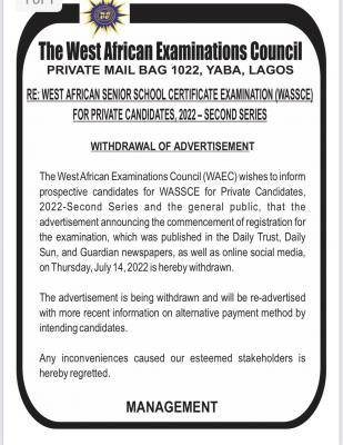 WAEC withdraws advert for 2022 GCE 2nd series registration, new details to be announced