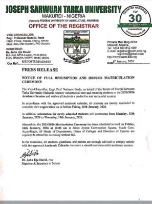 Joseph Sarwuan Tarka University notice on resumption and matriculation ceremony, 2025/2026