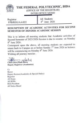 Federal Polytechnic, Bida announces second semester resumption date, 2025/2026