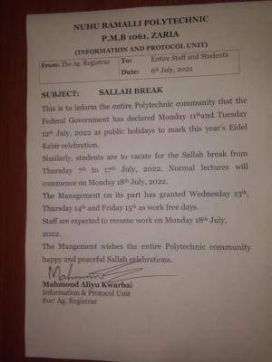 NUBAPOLY announces Sallah Break