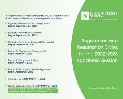 Nile University resumption dates for the 2022/2023 academic session