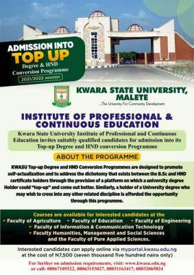 KWASU admission into top up degree and HND Conversion programme, 2021/2022