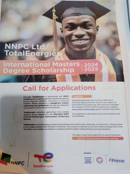 NNPC/TotalEnergies International Masters Scholarship, 2024