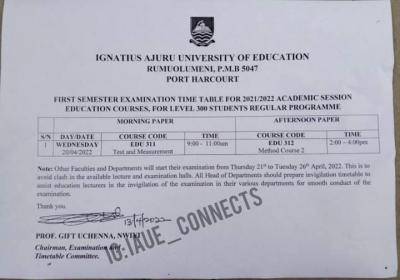 IAUE first semester exam time table for education courses