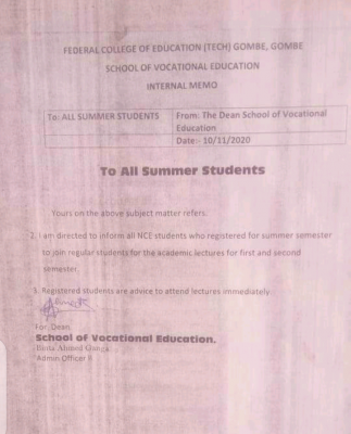 FCE Tech Gombe notice to summer students