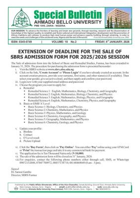 ABU sales of SBRS admission form, 2025/2026 ends Jan 31st