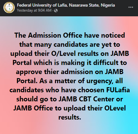 FULAFIA important notice to applicants who are yet to upload their O'level results