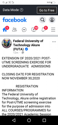 FUTA extends post utme registration deadline for 2020/2021 session