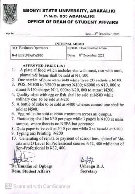 EBSU announces approved price list for campus businesses