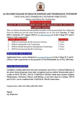 Al-Ma'arif College of Health Sciences & Tech. Admission forms, 2025/2026