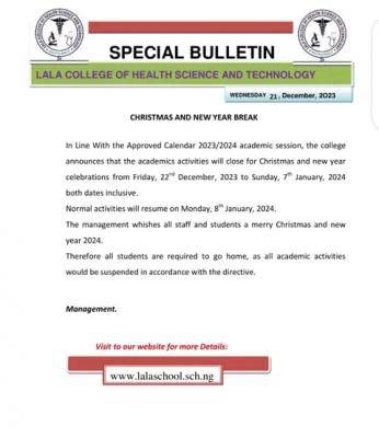 Lala College of Health Sciences & Tech. notice on Christmas and New Year Break