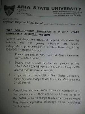 ABSU guidelines for securing admission in the 2020/2021 session