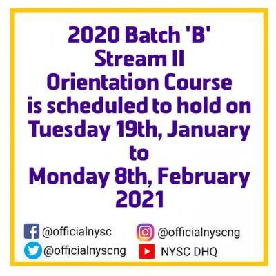 NYSC 2020 Batch B stream II orientation course date