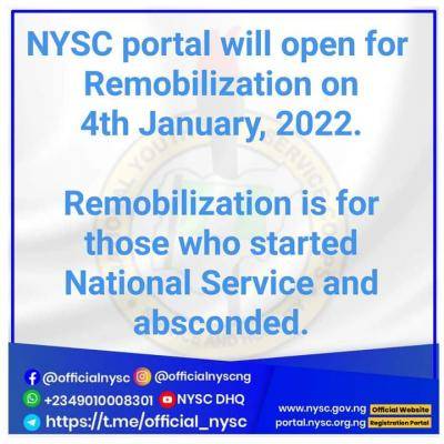 NYSC notice on commencement of online registration for remobilization