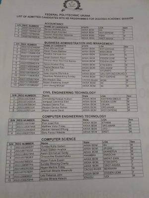 Federal Polytechnic Ukana ND Admission List, 2022/2023 now on school's notice board