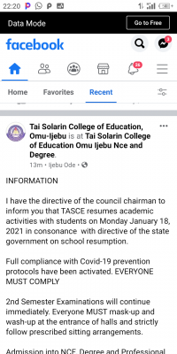 TASCE notice on resumption of academic activities