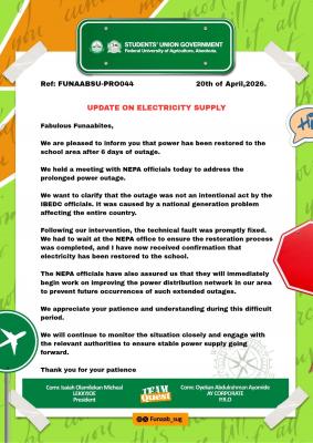 FUNAAB SUG gives Update on Electricity supply